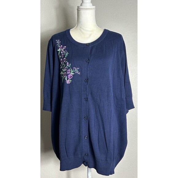 Woman Within Perfect Elbow-Length Sleeve Cardigan Navy Flower Plus Size 2X - Picture 4 of 11